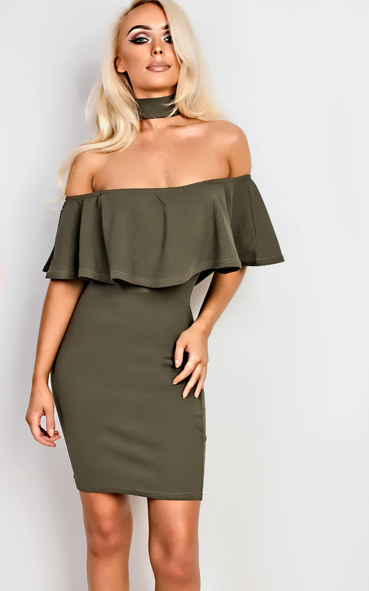 kassidy choker neck bodycon dress in khaki ikrush kassidy choker neck bodycon dress in khaki ikrush