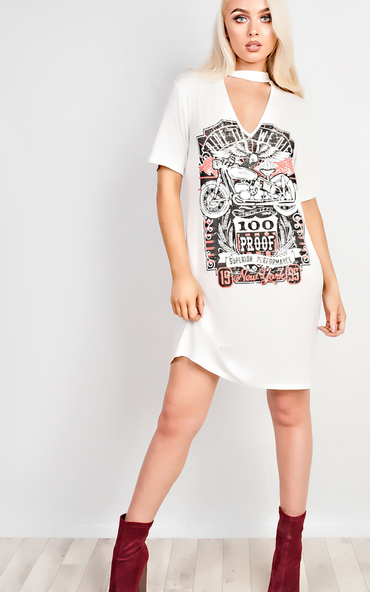 White Aurora Slogan T-Shirt Dress ikrush