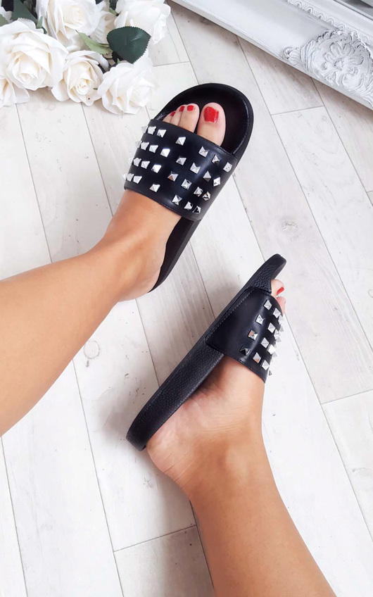 womens black studded sliders
