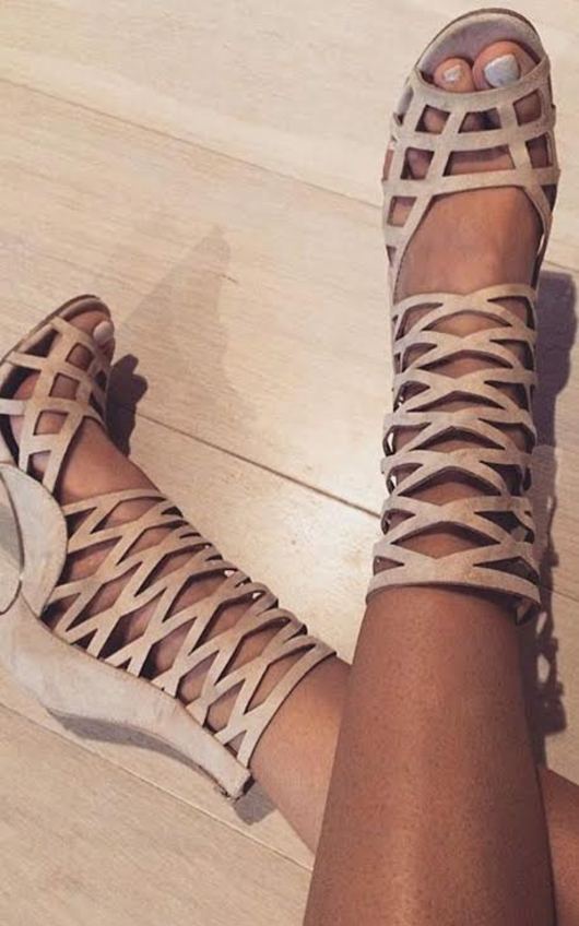 Justina Peep Toe Cage Heels in Cream | ikrush