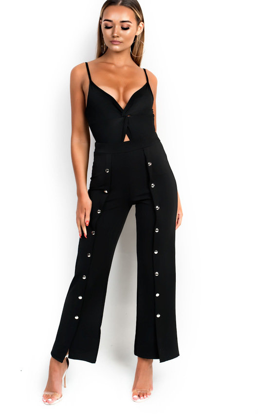 Black Ally Button Up Front Trousers ikrush