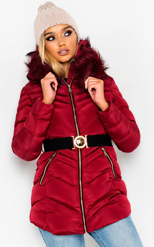 belted parka with fur hood