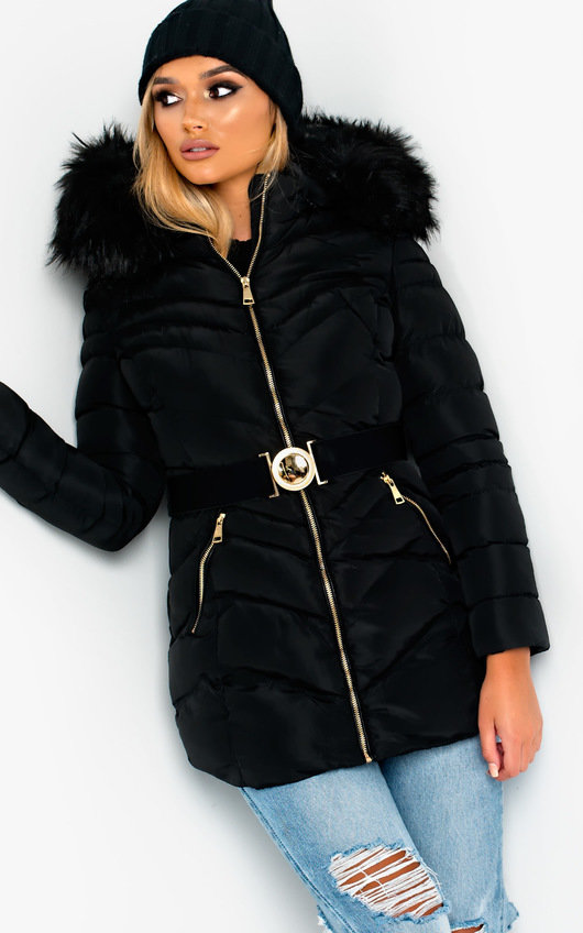 belted parka with fur hood