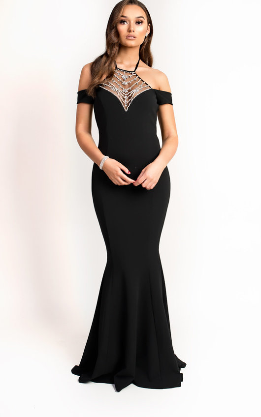black lace embellished fishtail maxi dress