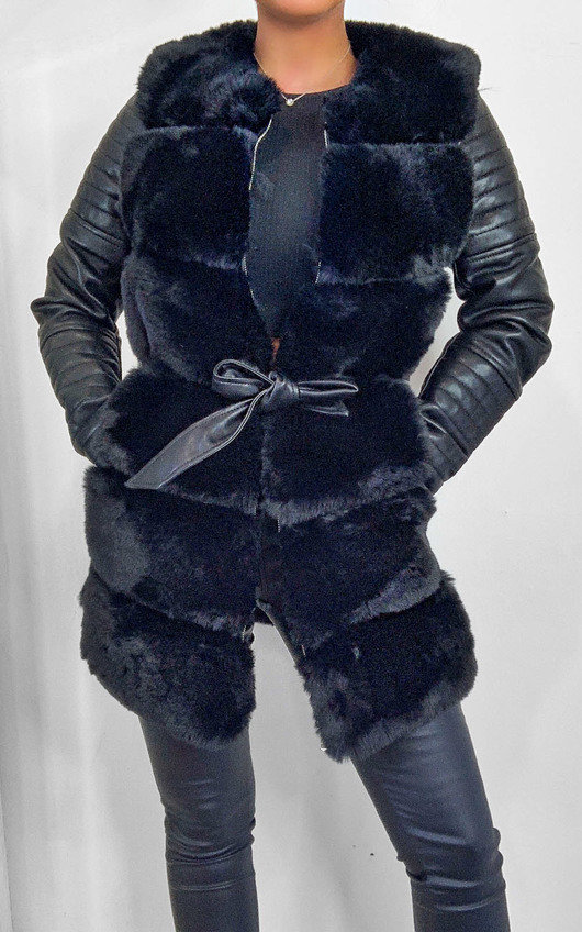 Bailey Faux Leather Fur Jacket In Black Ikrush Bailey Faux Leather Fur Jacket, Fake Fur Coats With Leather Sleeves