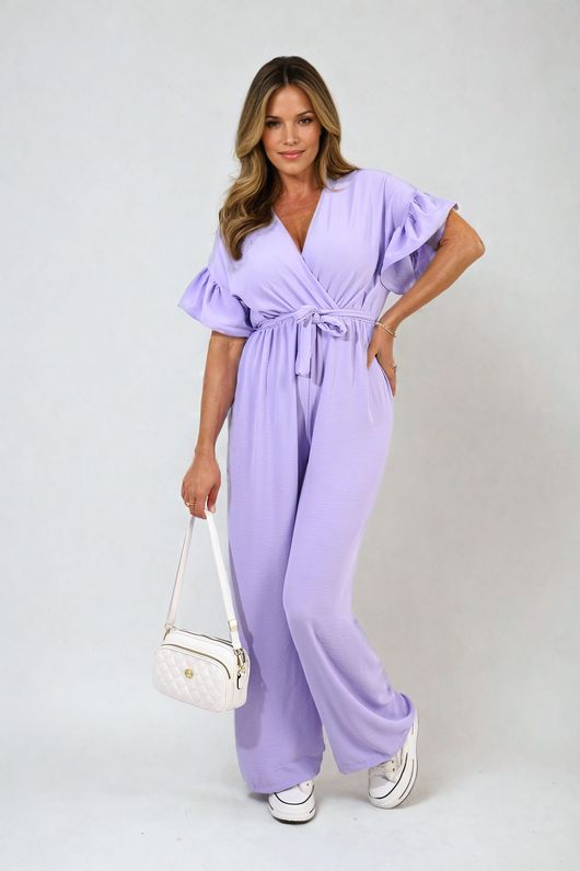 Christina Wrap Over Tie Belt Frill Sleeve Jumpsuit