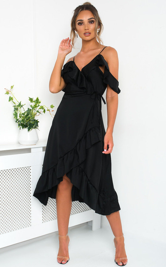 satin frill wrap dress