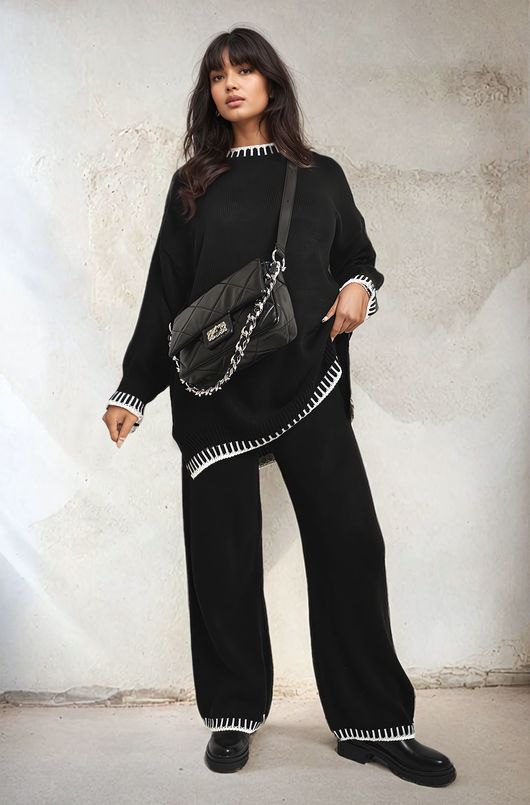 Black Fiona Knitted Co-ord Set with Blanket Stitch Detail ikrush