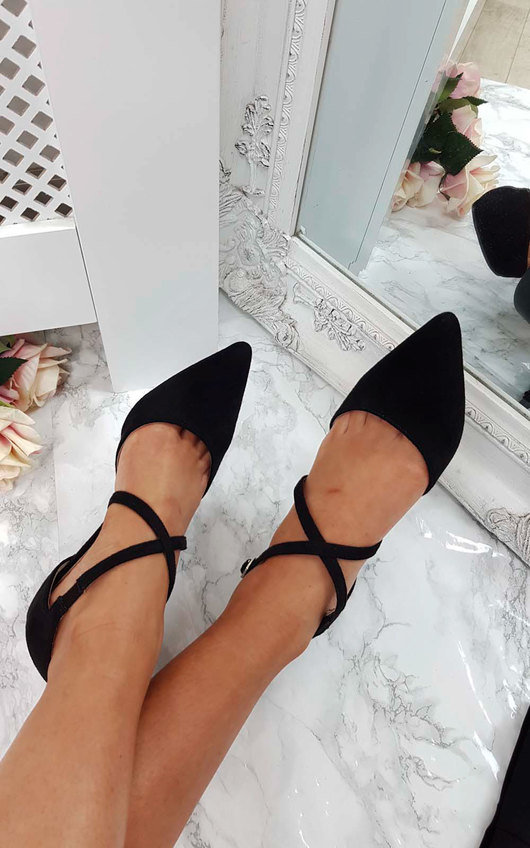 Francesca Double Ankle Strap Kitten Heels in Black ikrush