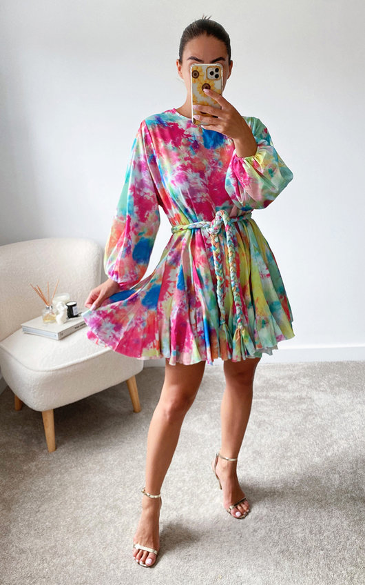 Pink Izzie Tie Waist Ruffle Design Dress ikrush