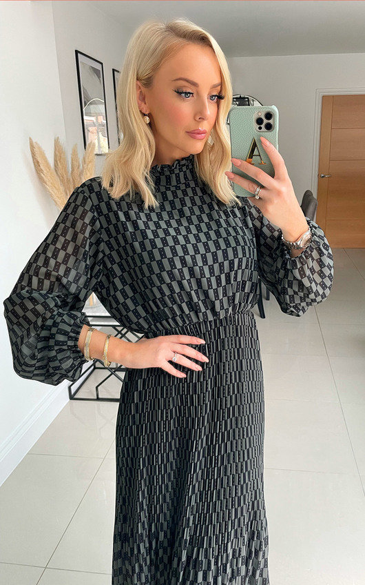 high neck pleated maxi dress