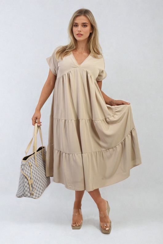 Beige Jocelyn Short Sleeve Tiered V-Neck Midi Dress | ikrush
