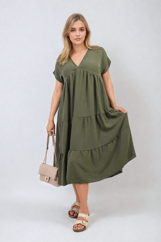 Khaki Jocelyn Short Sleeve Tiered V-Neck Midi Dress | ikrush