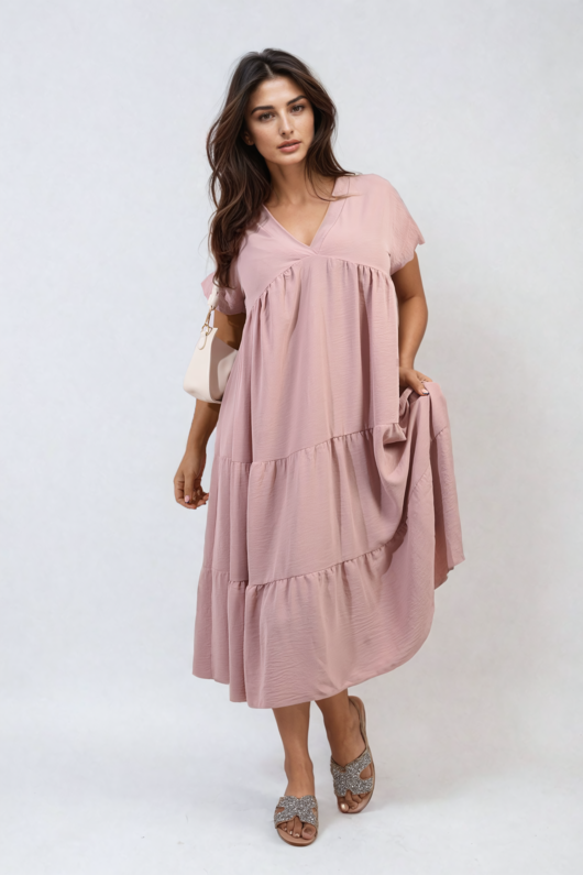 Rose Jocelyn Short Sleeve Tiered V-Neck Midi Dress | ikrush