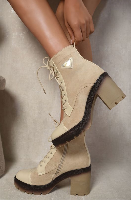 Lace Up Block Heel Combat Booties Beige Lilith Lace Up Combat