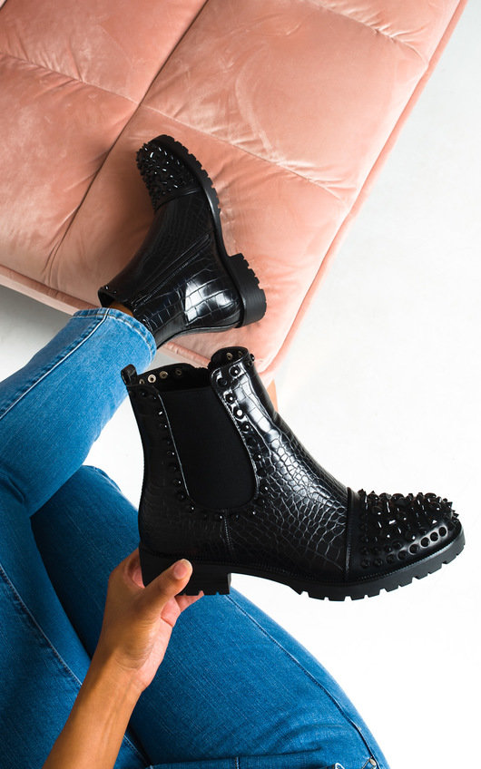 black croc studded ankle boots