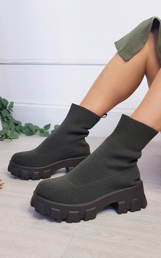 Lydia Chunky Sock Boots in Khaki ikrush