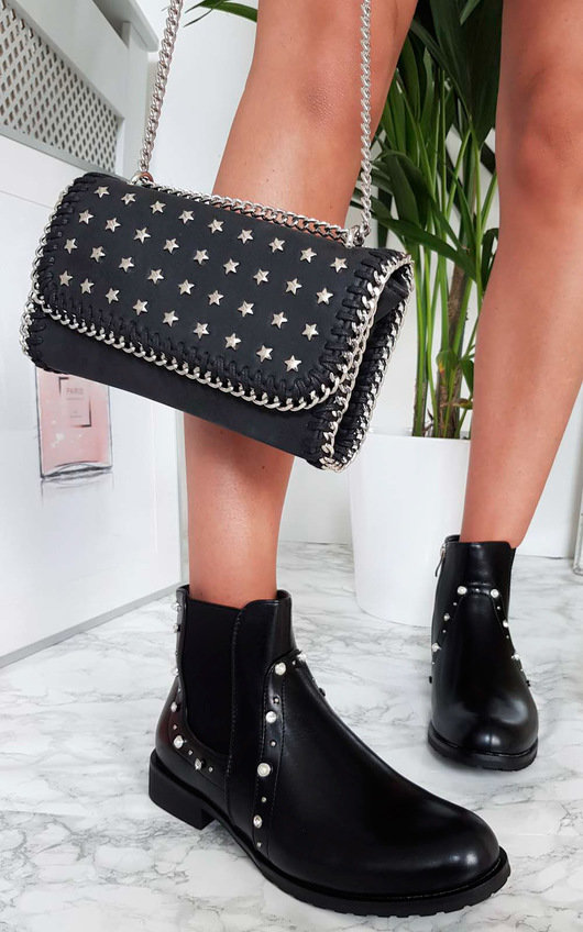 black flat studded ankle boots