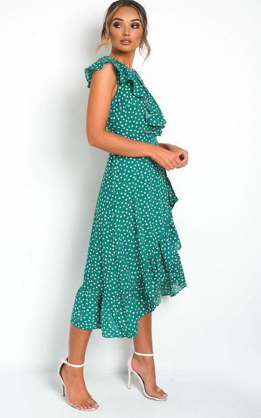 green polka dot wrap dress