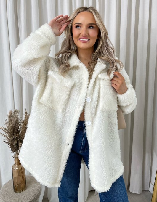 White Monica Button Down Collared Winter Coat Jacket ikrush