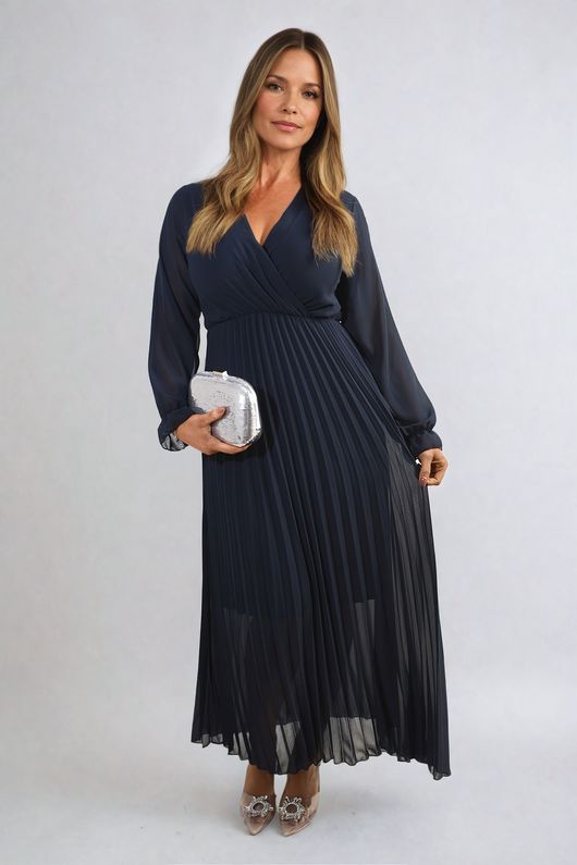 Myra Long Sleeve V-Neck Pleated Maxi Dress