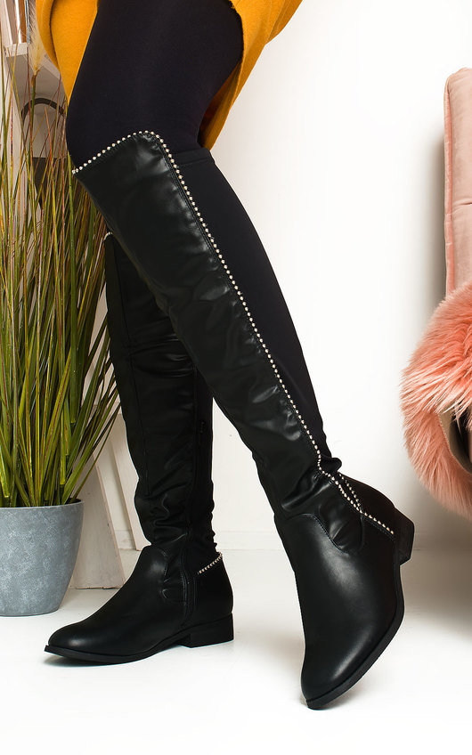 Nelli Faux Leather Studded Knee High Boots in Black pu ikrush