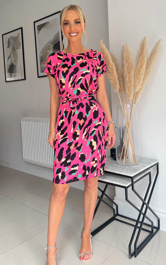 Pink Grace Printed Midi Dress with Belt Detail ikrush