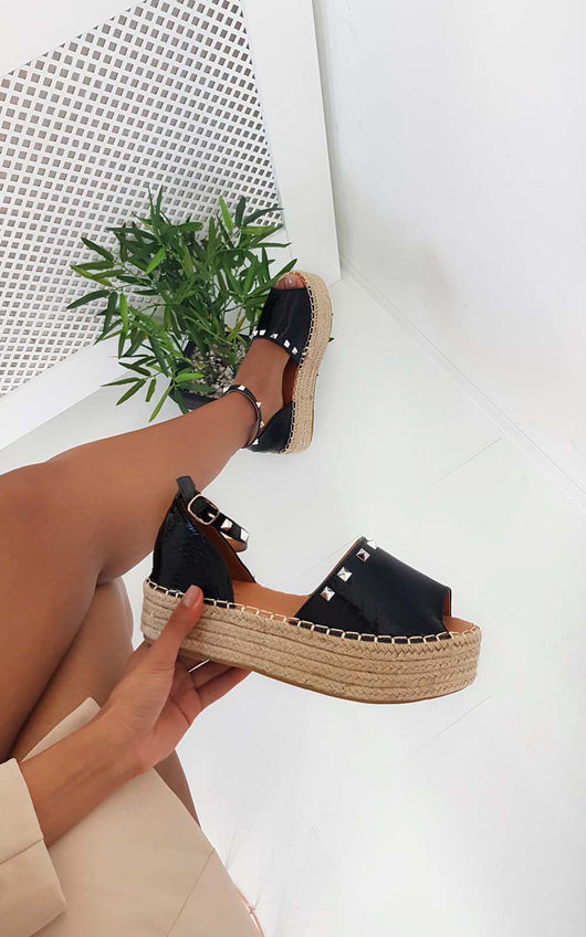 Black c Poppie Studded Peep Toe Espadrille Sandal ikrush