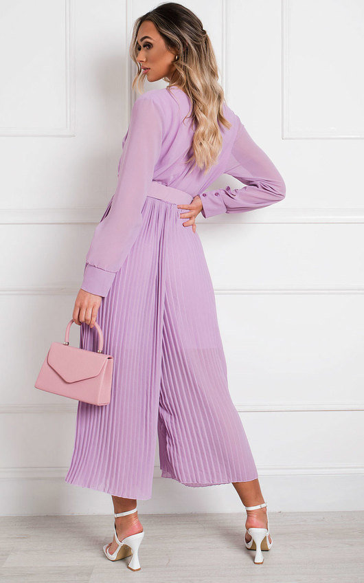 Lilac Sara Belted Pleated Jumpsuit ikrush - Main Image