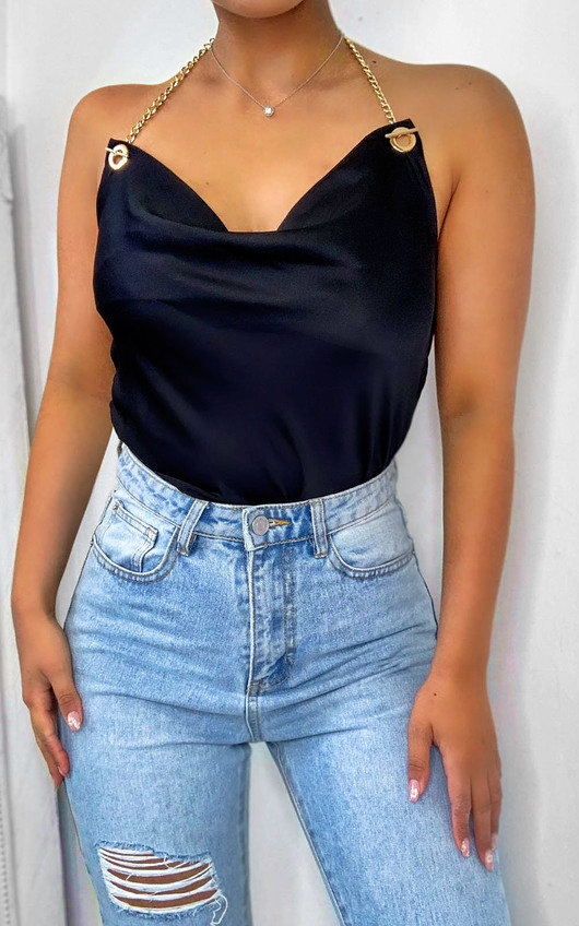 Serena Satin Chain Strap Cami Top in Black | ikrush