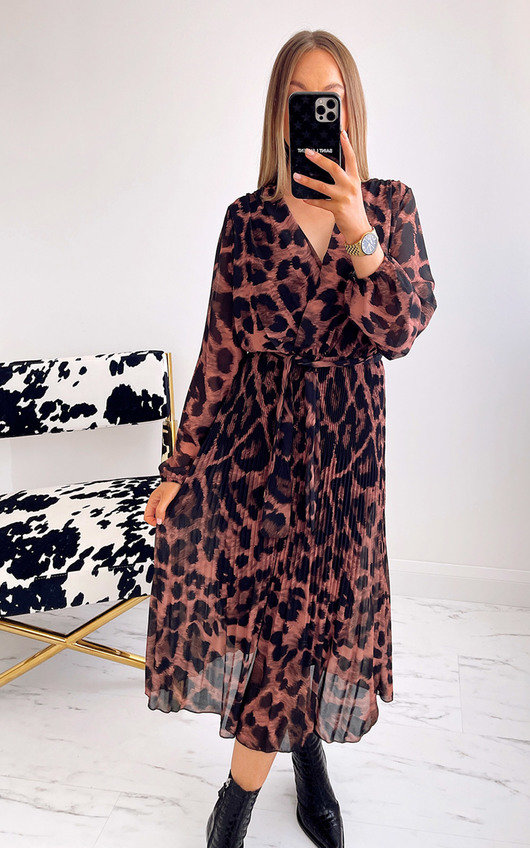 leopard print pleated midi dress