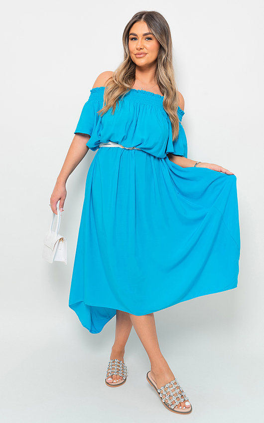 Blue Sofia Off Shoulder Midi Summer Dress ikrush
