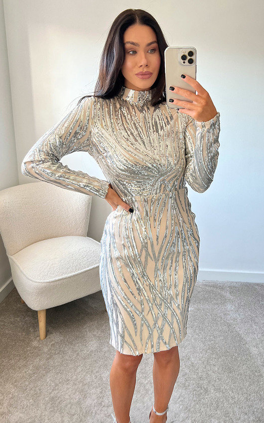 Sophia High Neck Sequin Dress in Silver 