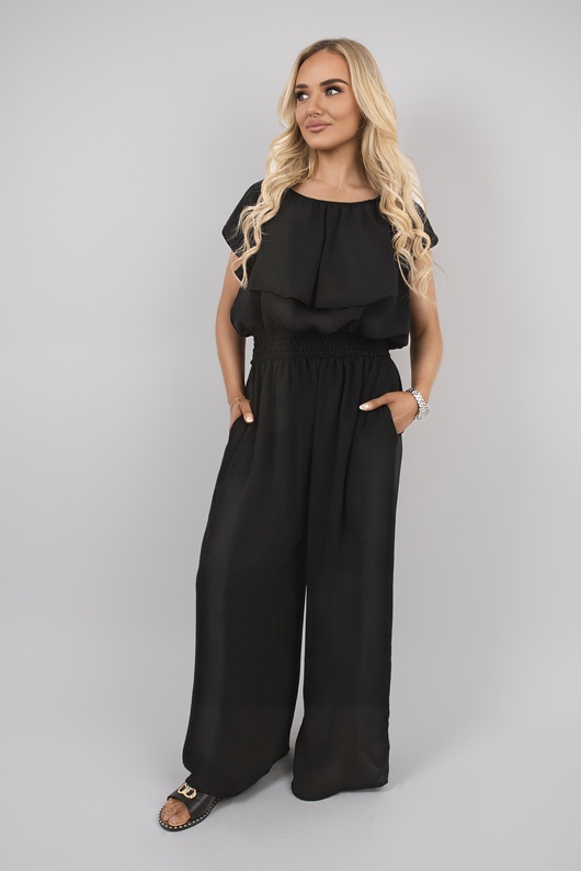 Black Tawnie Off Shoulder Flared Wide Leg Jumpsuit with Ruffle