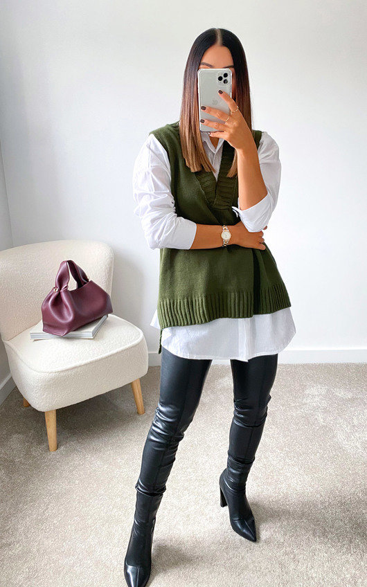 Tegan Knitted Vest Over Shirt in Khaki ikrush
