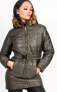 Khaki Ella Padded Faux Fur Hooded Belted Jacket ikrush