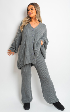 Grey Emma Chunky Knitted Button Up Cardigan Wide Leg