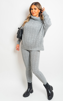 Grey Eva Turtle Neck Cable Knitted Top and Pants Co-ord Set ikrush