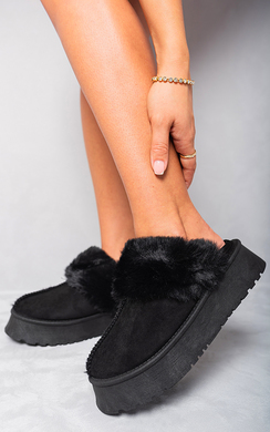 Faux Fur Wedge Fur Slippers Scoop Women's Faux Leather Wedge