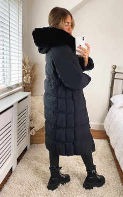 heather hooded padded longline puffer jacket in black