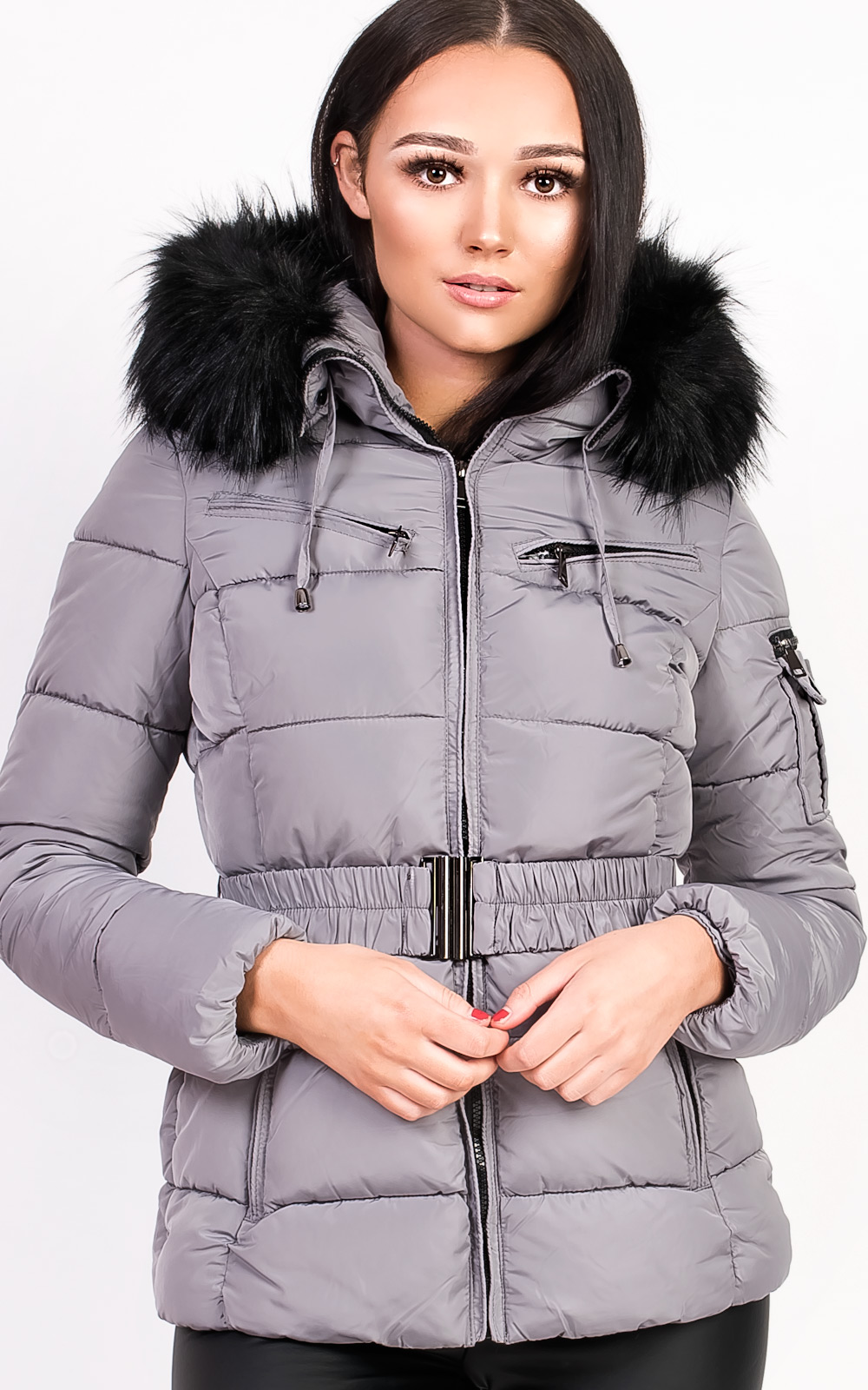 grey faux fur hooded coat