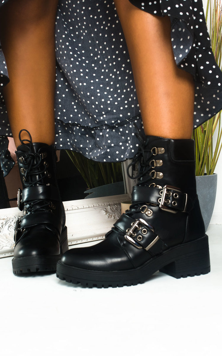 office all rise black chunky heeled two buckle boots