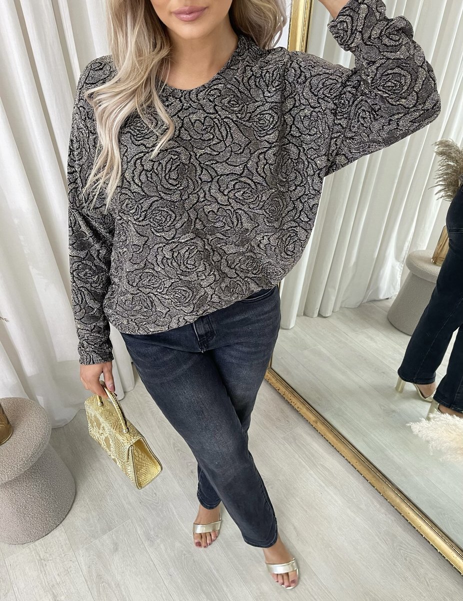 iKrush Sleeve Glitter Floral Pattern Top Blouse Regular Length Crew Neck - Picture 10 of 12