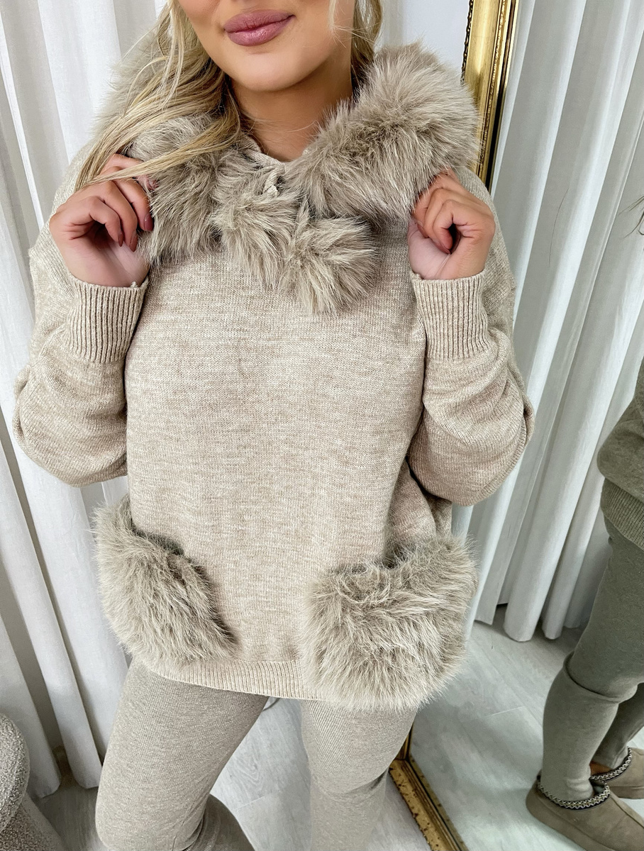 iKrush Faux Fur Trim Knitted Hoodie Hooded Regular Length Tie Neck Long - Picture 9 of 10