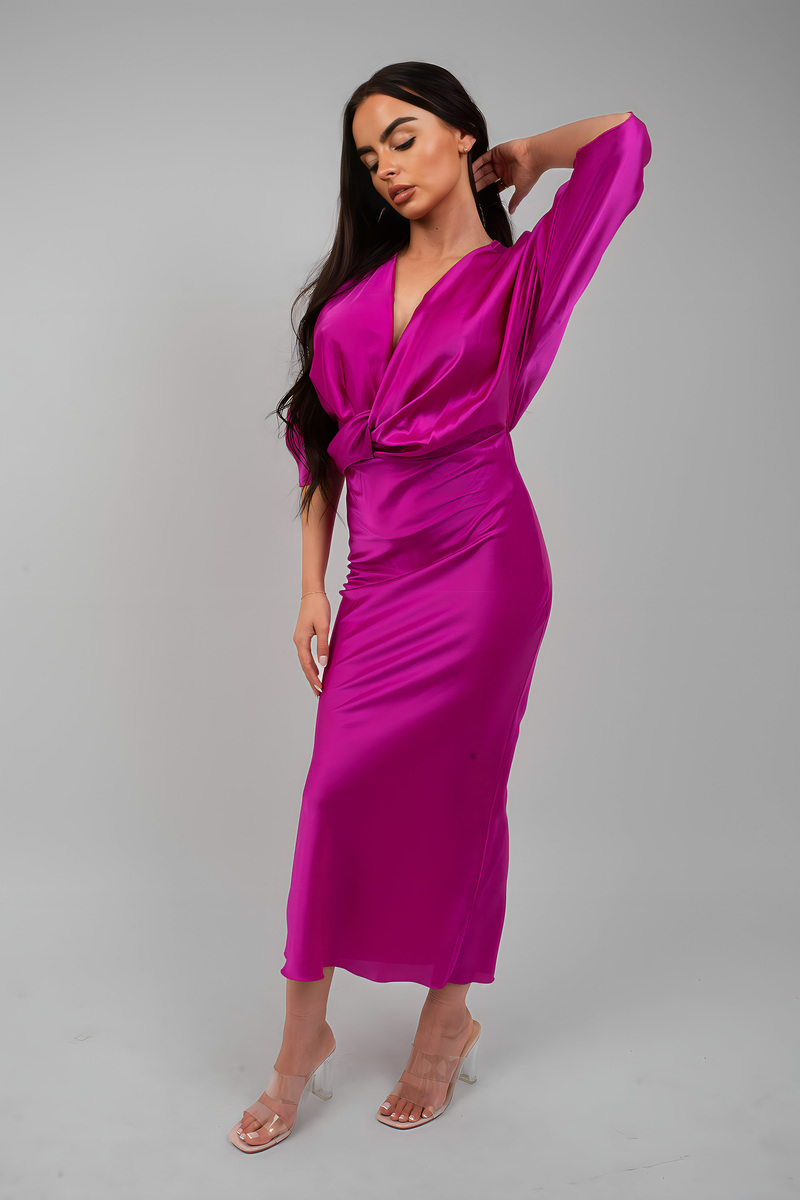 iKrush Twist Front Midi Dress Bodycon Midi Length V Neck 34 Sleeve - Picture 4 of 15