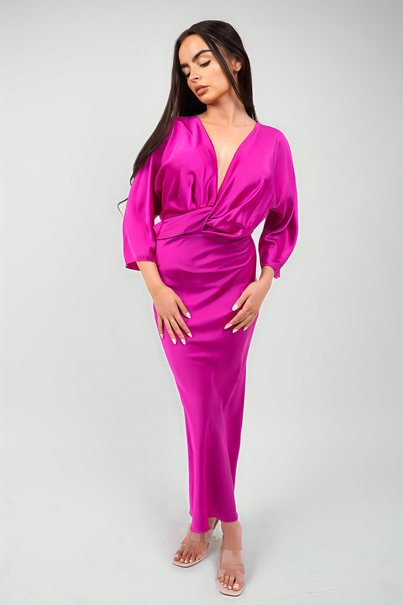 iKrush Twist Front Midi Dress Bodycon Midi Length V Neck 34 Sleeve - Picture 7 of 15