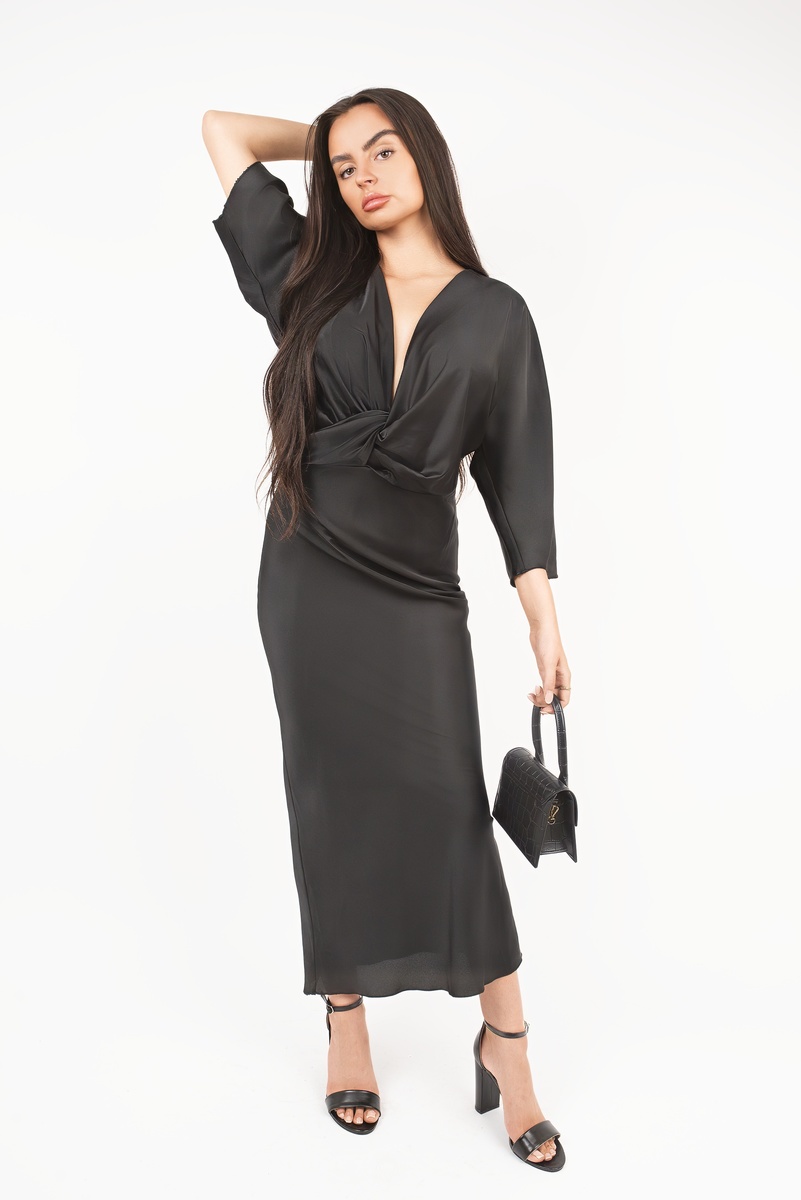 iKrush Twist Front Midi Dress Bodycon Midi Length V Neck 34 Sleeve - Picture 12 of 15