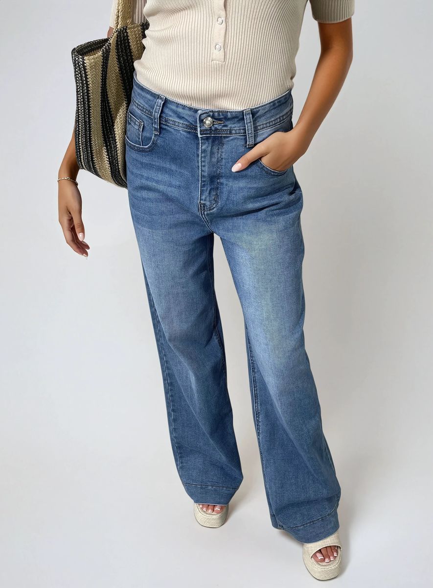 iKrush Waisted Wide Leg Jeans Mom Jeans Regular Length Casual Workwear - Picture 2 of 5