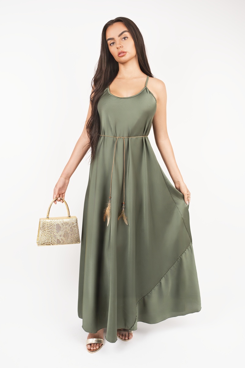 iKrush Maxikleid mit Federn Bindeband Taille Strand Sommer Tageskleider Maxilänge - Bild 15 von 15