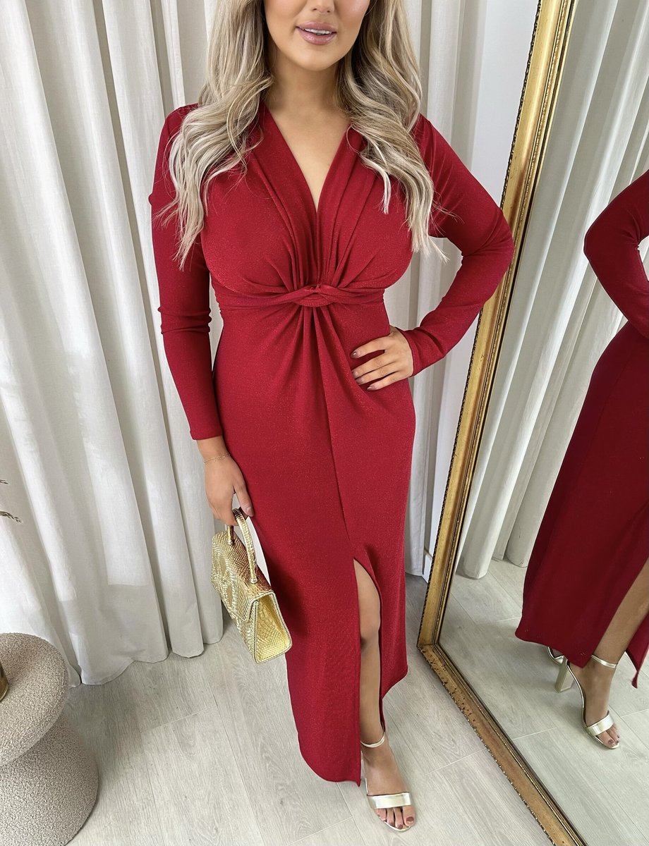 iKrush Twist Frontschlitz Maxikleid figurbetont Wickel Maxilänge V-Ausschnitt lang - Bild 3 von 6